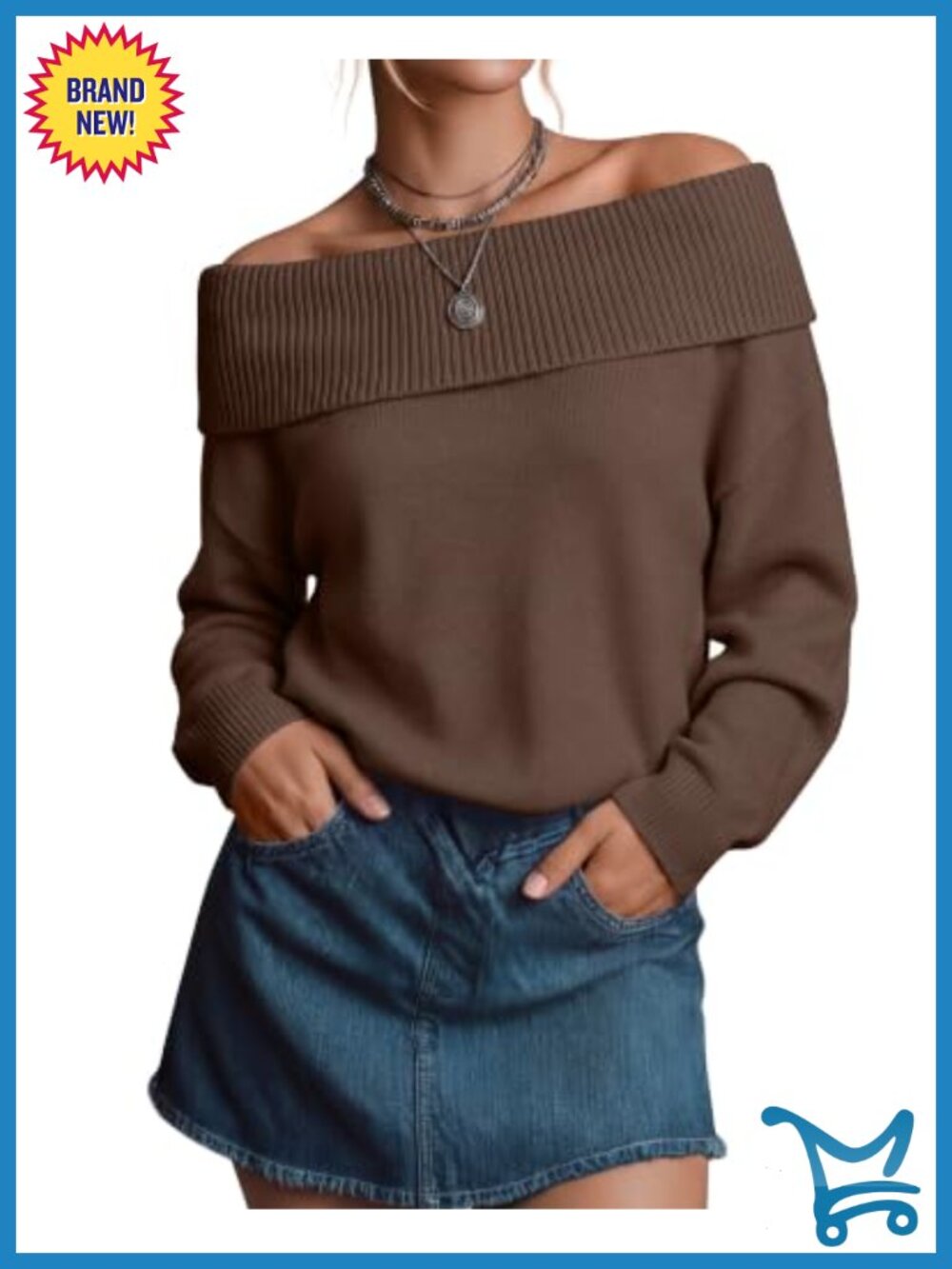 Off-Shoulder Folded Knit Sweater Pullover 100% Polyester Loose Fit Long Sleeve